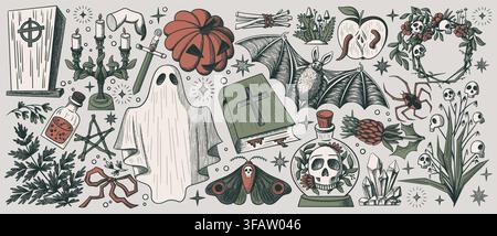 Sketch collection of spooky Halloween items on white background. Vector illustration of old stone tomb, scary ghost, skulls, bat, potion bottles, esoteric witchcraft elements and gothic spell book Stock Vector
