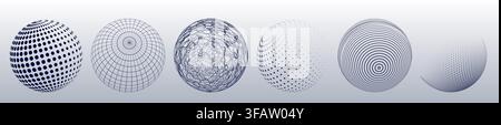 3D wireframe globe set with interconnected network dots and lines. Vector illustration of abstract planet visualization for data infographic, digital tech icon, futuristic global communication symbol Stock Vector