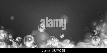 Realistic frame with soap bubbles and foam on transparent background. Vector illustration of soapy border and bath steam texture, cleaning or laundry detergent, water splash with shampoo effect Stock Vector
