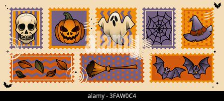 Vintage Halloween stamps set isolated on background. Vector cartoon illustration of spooky holiday collage with witch hat and skull, magic broom and pumpkin lantern, spooky ghost, cobweb and bat Stock Vector