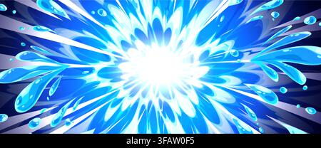 Dynamic water splash with cartoon waves and drops, comic book vector background with abstract liquid explosion. Blue aquatic burst for summer game or anime posters, pop art design with motion effect Stock Vector