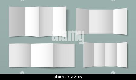 Folded leaflet mockup set with blank white three and four pages. Vector realistic illustration of modern paper brochure template isolated on background, 3d empty invitation or greeting cards Stock Vector
