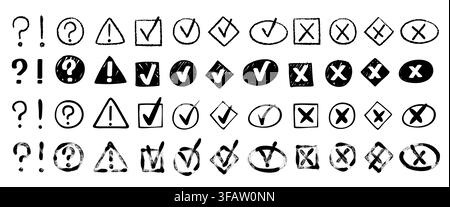 Hand drawn checkmark and tick icons isolated on white background. Vector illustration of doodle checklist elements with cross signs, boxes, exclamation and question marks with realistic texture Stock Vector