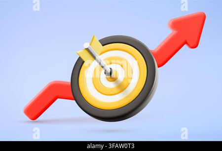 3D target icon with arrow hitting bullseye center. Vector realistic illustration of yellow dartboard and red chart isolated on purple background, business goal achievement, symbol of strategic success Stock Vector