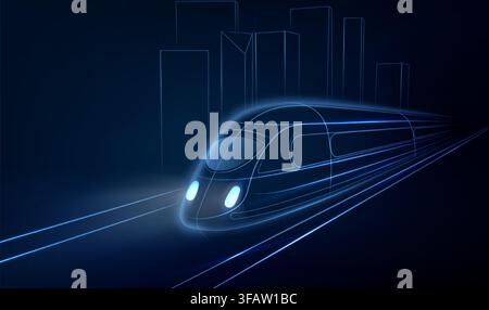 Futuristic railway transport technology, high-speed train moving fast on black background. Vector abstract illustration of sleek metro or city express with neon blue design, urban subway system Stock Vector