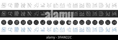 Round ai icon set with sparkling stars isolated on white background. Vector line art illustration of signs for artificial intelligence tools, translate and search pictogram, photo or video symbols Stock Vector