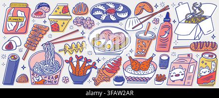 Asian food doodle set with ramen bowl, noodles, chopsticks, desserts, dumplings. Vector illustration of Japanese cuisine icons, hand-drawn dishes for restaurant menu, Chinese cooking posters design Stock Vector