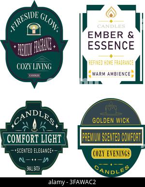 Set of four premium candle badges featuring decorative frames, elegant typography and home-fragrance phrases in dark green and gold. Stock Vector