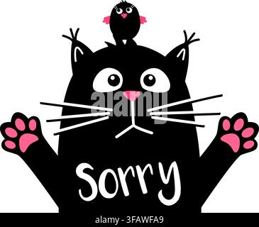 sorry. A sad cute cat is sitting with a text. A black cat or a kitty with a bird on its head. Vector animation illustration in a flat style. Stock Vector