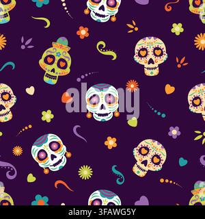 Colorful Dia de los Muertos Seamless Pattern with Sugar Skulls, Flowers, Hearts and Mexican Folk Art Ornaments Stock Vector