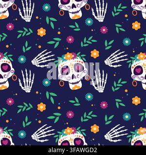 Colorful Dia de los Muertos Seamless Pattern with Sugar Skulls, Skeleton Hands, Flowers and Mexican Folk Art Stock Vector