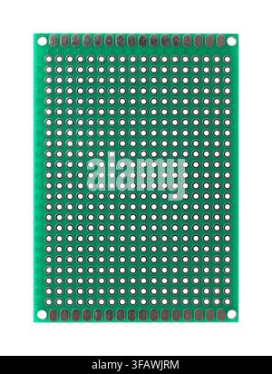 Universal perfboard, prototyping board, protoboard, or dot PCB, for building electronic circuits, made of green fiberglass. Stock Photo