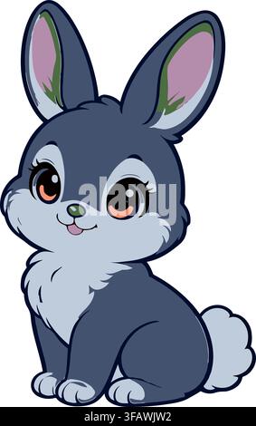 Cute dark gray bunny rabbit cartoon vector illustration, adorable sitting woodland animal character with big expressive eyes and fluffy tail Stock Vector