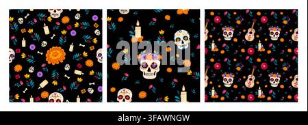 Colorful seamless folk art style pattern with decorated sugar skulls, marigold flowers, candles, guitars, hearts and Dia de Los Muertos holiday motifs Stock Vector