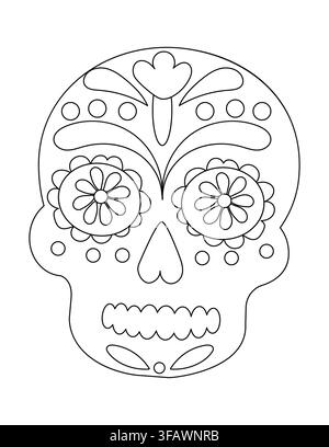Intricate Coloring Page Featuring a Sugar Skull Design with Floral Patterns, Geometric Shapes, and Traditional Day of the Dead Inspiration for Creativ Stock Vector