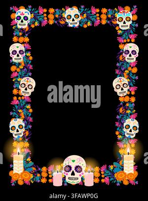 Colorful decorative frame of floral sugar skulls, candles, and a celebratory cake surrounding an empty black center, blending folk art, remembrance, a Stock Vector