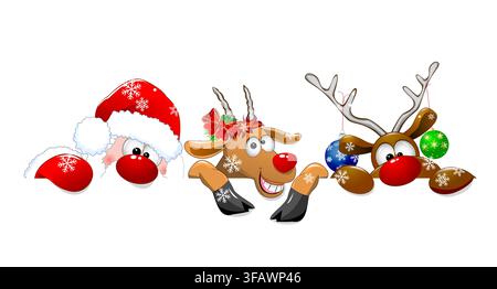 Santa Claus, a reindeer, and a goat on a white background. The characters are decorated with Christmas baubles. Stock Vector