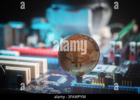 Bitcoin cryptocurrency coin resting on a computer circuit board, representing blockchain technology, hardware mining, and finance. Stock Photo