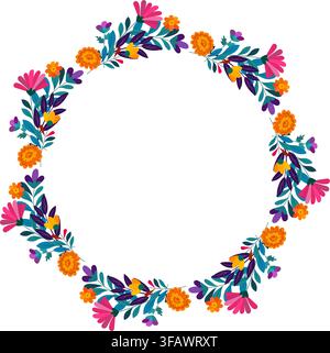 Colorful Floral Wreath Design Featuring Vibrant Flowers and Lush Leaves Perfect for Spring Decor or Invitations, Highlighting Nature's Beauty in a Cir Stock Vector