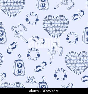 Seamless Pattern with Fidget Heart and Autism Sensory Toys on Blue Background. Continuous Tactile Stimming Tools Print and Wallpaper for ADHD and Stock Vector
