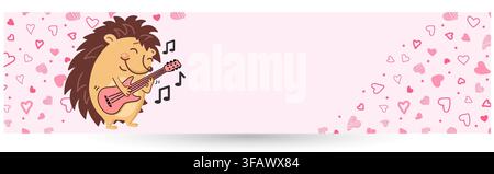 Brown hedgehog on guitar playing music. love. Audio at the concert. Text design. Installation. card or banner Valentine day. Vector illustration Stock Vector