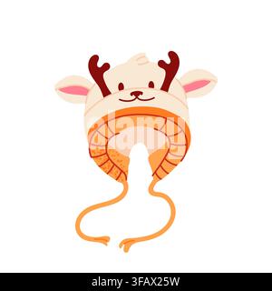 Cute winter hat with deer antlers. Cozy accessories in trendy colors. Seasonal winter fashion collection, isolated vector illustration, perfect for stickers, cards and posters. Vector illustration Stock Vector