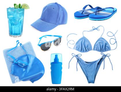 Beach items and refreshing cocktail isolated on white, collection in blue color Stock Photo