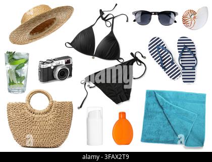 Beach items, refreshing cocktail and vintage camera isolated on white, collection Stock Photo