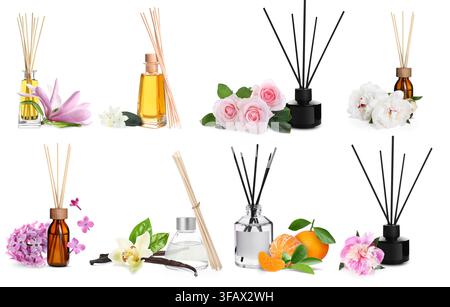 Collection of home fragrances. Aromatic reed air fresheners, citrus fruits and various flowers isolated on white Stock Photo