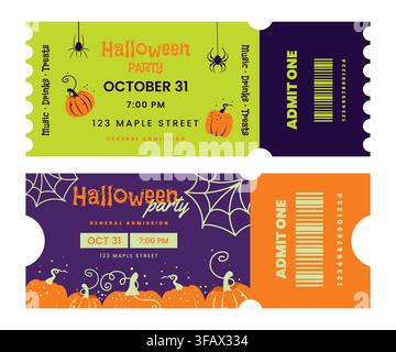 Two admission ticket templates for a Halloween party featuring cartoon pumpkins, spiderwebs, stubs, and barcodes. Stock Vector