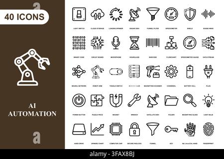 A comprehensive collection of forty line art icons representing artificial intelligence and industrial automation. Stock Vector