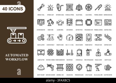 A collection of forty line art icons representing industrial automation, manufacturing processes, and factory systems. Stock Vector