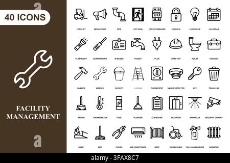 A collection of forty line art icons representing facility management, maintenance, and industrial building services. Stock Vector