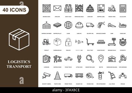 A comprehensive collection of forty linear icons representing logistics, shipping, and transportation services. Stock Vector