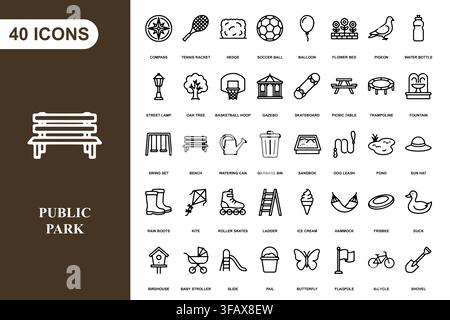 A collection of forty line art icons representing public park activities, recreation, and outdoor leisure equipment. Stock Vector