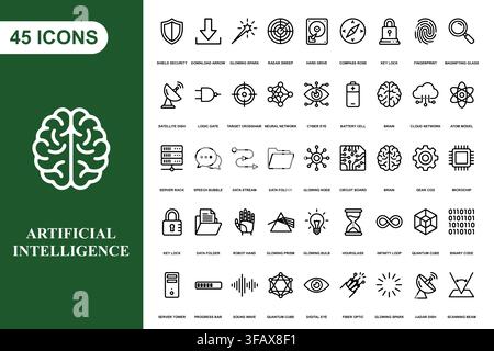 A comprehensive collection of forty five thin line icons representing artificial intelligence and modern technology. Stock Vector