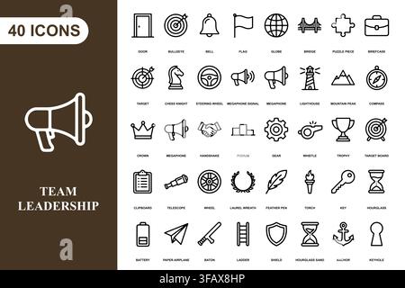 A collection of forty professional business and leadership line art icons for corporate projects. Stock Vector