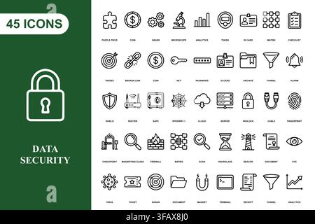 A comprehensive collection of line art icons focused on data security, cyber protection, and digital business tools. Stock Vector