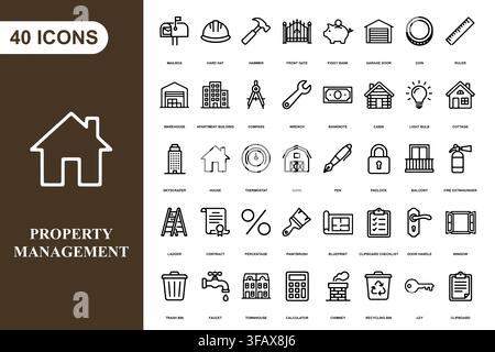 A comprehensive collection of forty line art icons for real estate and property management services. Stock Vector
