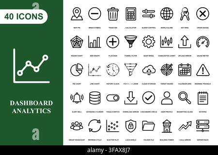 A collection of forty professional line art icons for business analytics, data management, and web interface design. Stock Vector