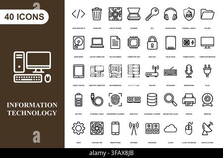 A comprehensive collection of forty black and white line art icons representing computer hardware and digital systems. Stock Vector