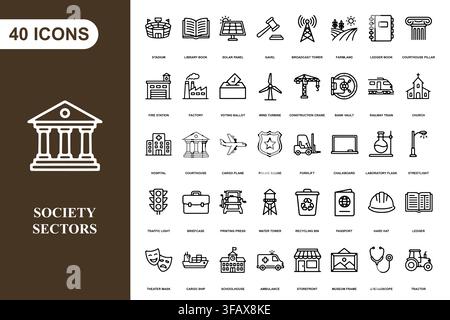 A comprehensive collection of forty line art icons representing various public services and societal sectors. Stock Vector
