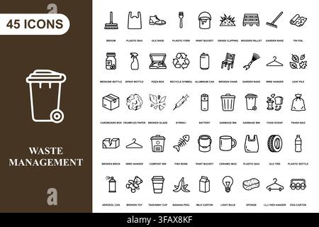 A comprehensive collection of forty five outline icons representing waste management, recycling, and cleaning supplies. Stock Vector