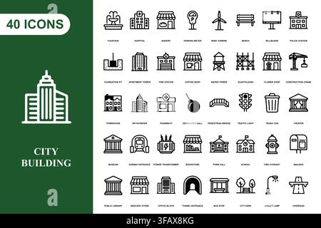 A collection of black line art icons representing city buildings, urban infrastructure, and public facilities. Stock Vector