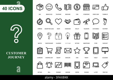 A collection of forty professional line art icons representing customer journey and business marketing concepts. Stock Vector