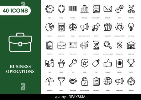 A collection of forty professional business and office management line art icons for corporate projects. Stock Vector