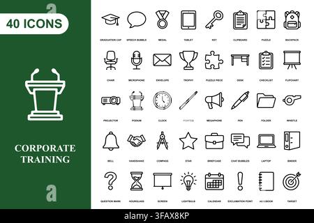 A collection of forty outline icons for corporate training, education, and professional business development. Stock Vector