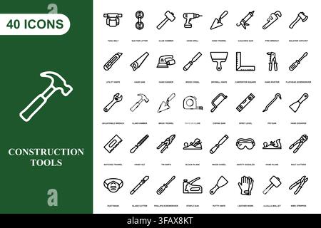 A comprehensive collection of forty linear construction and repair tool icons for professional design projects. Stock Vector