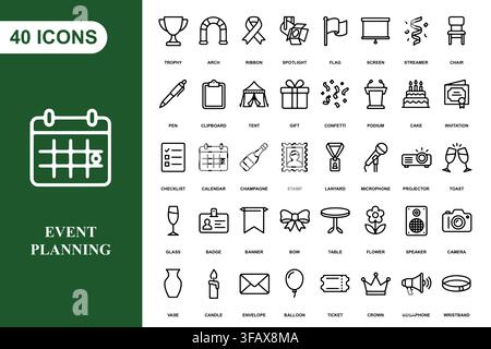 A comprehensive collection of forty linear icons for event planning, celebration, and professional party management. Stock Vector