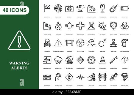 A comprehensive collection of forty line art icons representing various safety hazards, warnings, and emergency alerts. Stock Vector